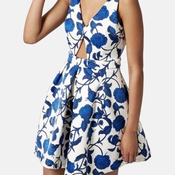 Topshop Dresses & Skirts - NWT Top Shop Cobalt Blue Floral on White A Line Cut Out Midi Cocktail Dress Sz 4